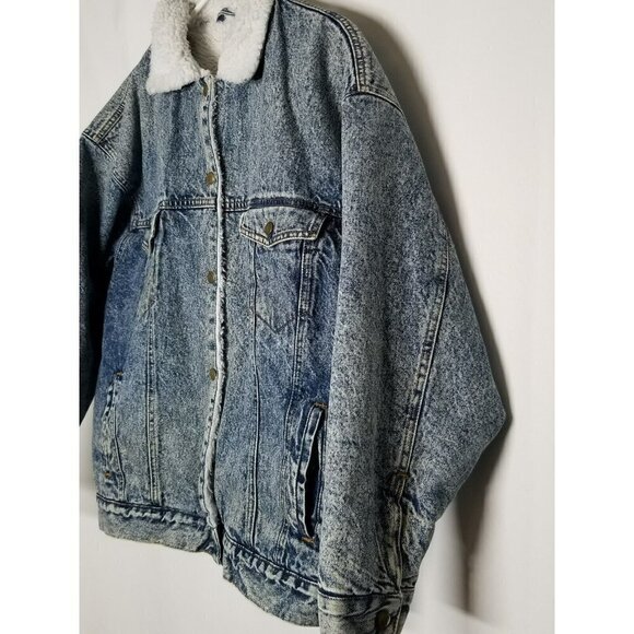 Brass Plum VINTAGE Jean Denim Chore Barn Jacket Acid Washed Sherpa Button Up M - Picture 3 of 16
